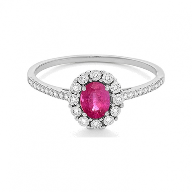 Anillo Rosetón de oro blanco de 18 Kt con rubí de 0,30 ct y diamantes de 0,08 ct