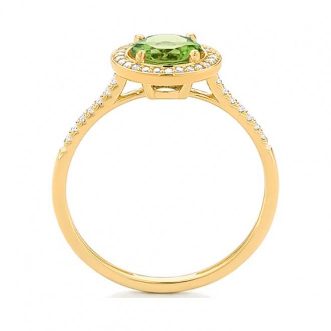 Anillo Rosetón de oro amarillo de 18 Kt con peridoto de 0,88 ct y diamantes de 0,12 ct