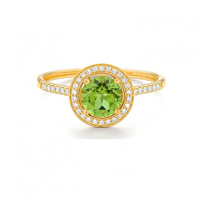Anillo Rosetón de oro amarillo de 18 Kt con peridoto de 0,88 ct y diamantes de 0,12 ct