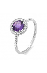 Anillo Rosetón de oro blanco de 18 Kt con amatista de 0,71 ct y diamantes de 0,12 ct