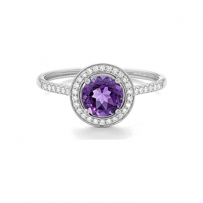 Anillo Rosetón de oro blanco de 18 Kt con amatista de 0,71 ct y diamantes de 0,12 ct