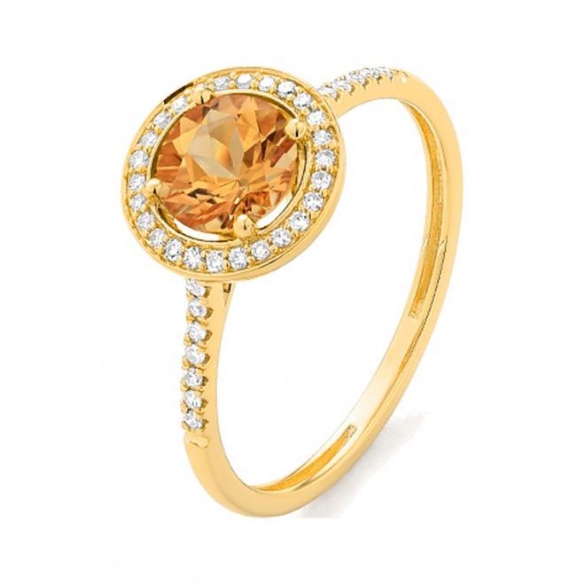 Anillo Rosetón de oro amarillo de 18 Kt con citrino de 0,71 ct y diamantes de 0,12 ct