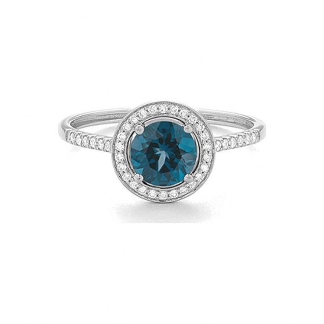 Anillo Rosetón de oro blanco de 18 Kt con topacio de 0,96 ct y diamantes de 0,12 ct