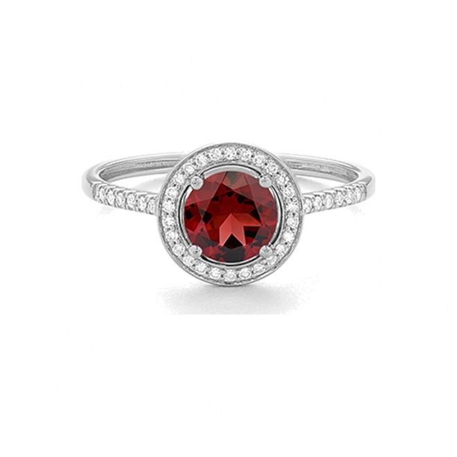 Anillo Rosetón de oro blanco de 18 Kt con granate de 0,95 ct y diamantes de 0,12 ct