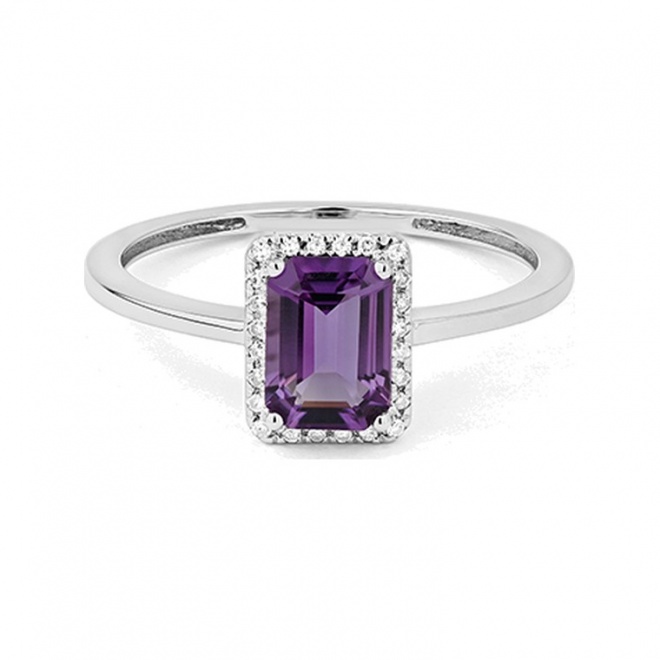 Anillo Rosetón de oro blanco de 18 Kt con amatista de 0,90 ct y diamantes de 0,05 ct