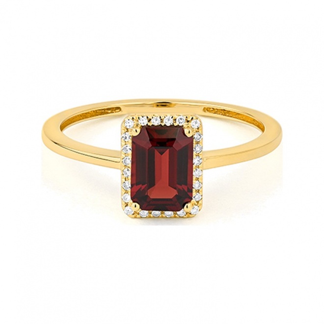 Anillo Rosetón de oro amarillo de 18 Kt con granate de 1,27 ct y diamantes de 0,05 ct