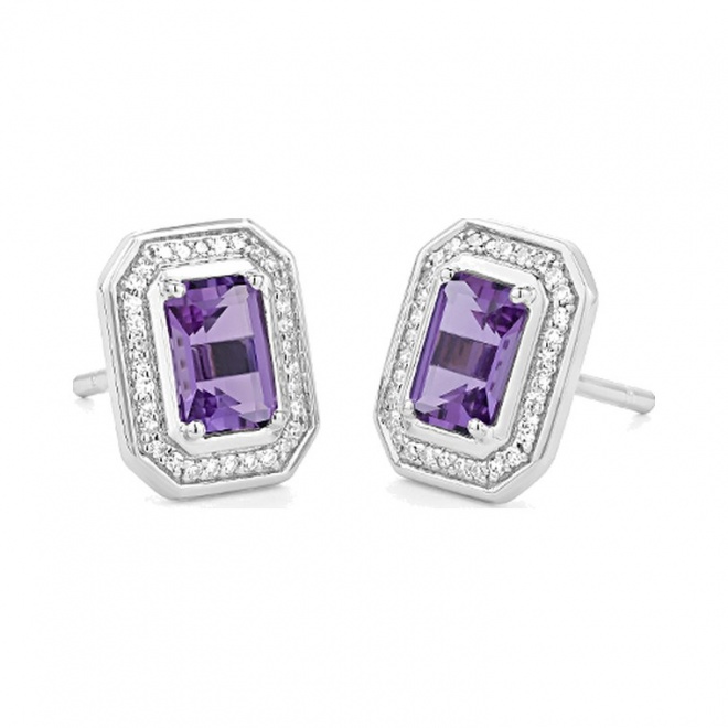 Pendientes de oro blanco de 18 Kt con amatista de 1,08 ct y diamantes de 0,19 ct