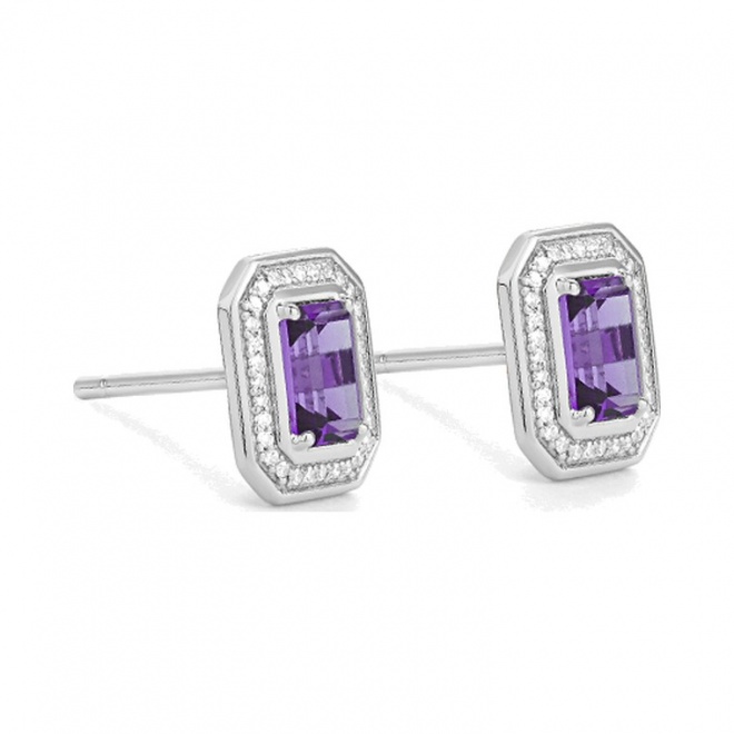 Pendientes de oro blanco de 18 Kt con amatista de 1,08 ct y diamantes de 0,19 ct