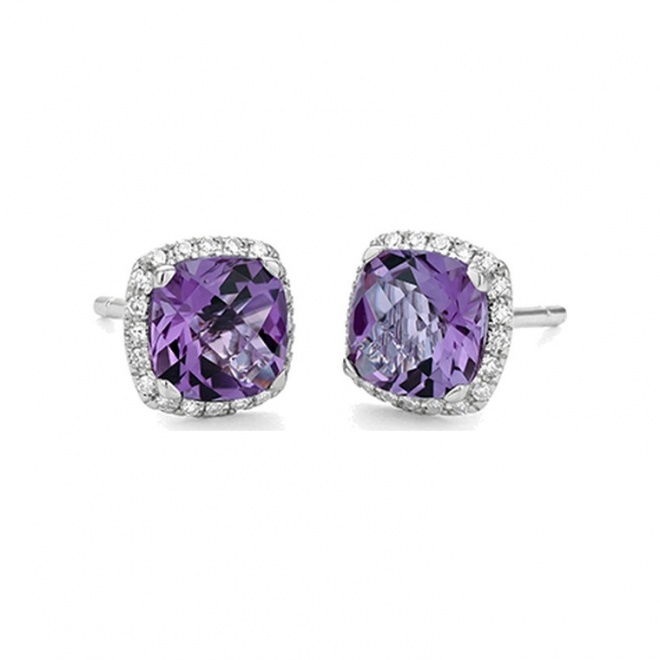 Pendientes Rosetón de oro blanco de 18 Kt con amatista de 1,94 ct y diamantes de 0,11 ct