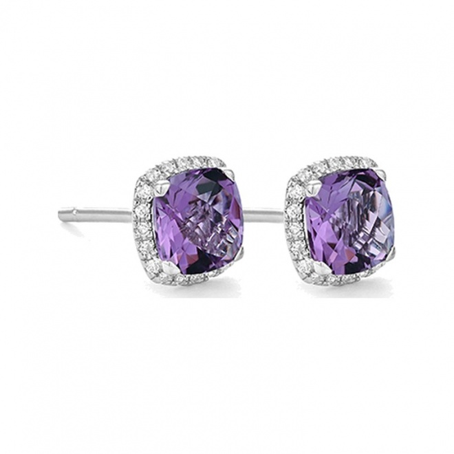 Pendientes Rosetón de oro blanco de 18 Kt con amatista de 1,94 ct y diamantes de 0,11 ct