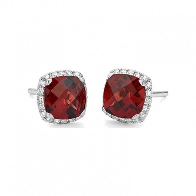 Pendientes Rosetón de oro blanco de 18 Kt con granate de 3,00 ct y diamantes de 0,11 ct
