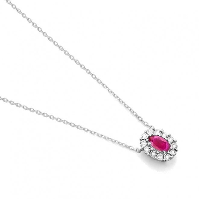 Colgante Rosetón de oro blanco de 18 Kt con rubí de 0,30 ct y diamantes de 0,03 ct