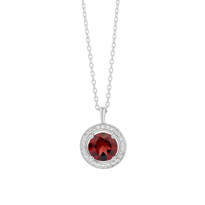 Colgante Rosetón de oro blanco de 18 Kt con granate de 0,95 ct y diamantes de 0,07 ct