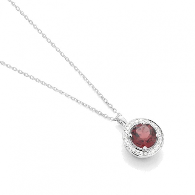 Colgante Rosetón de oro blanco de 18 Kt con granate de 0,95 ct y diamantes de 0,07 ct
