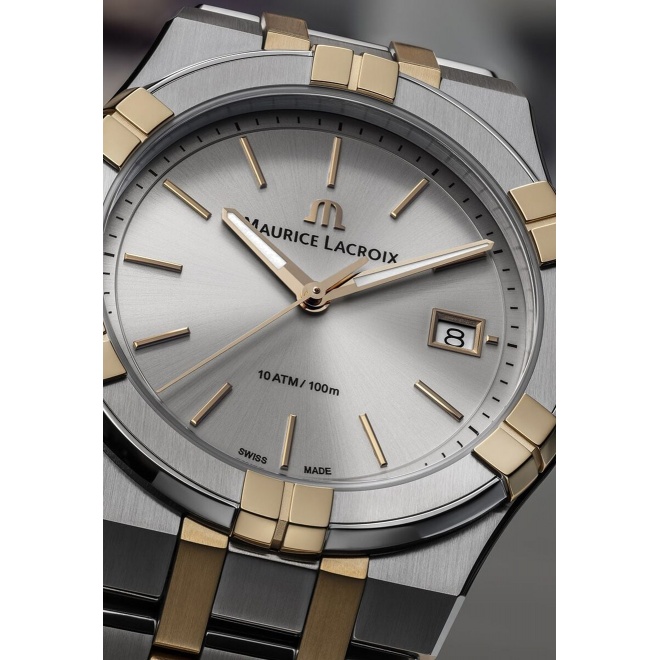 Maurice Lacroix Aikon Quartz ∅40 mm - 10 ATM, Esfera plateada, brazalete de acero, bicolor