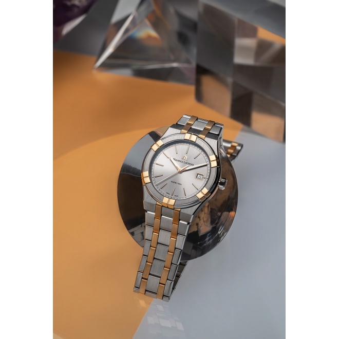 Maurice Lacroix Aikon Quartz ∅40 mm - 10 ATM, Esfera plateada, brazalete de acero, bicolor