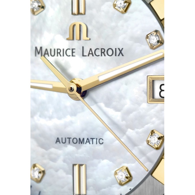 Maurice Lacroix Aikon Automatic Date ∅35 mm - 20 ATM, Esfera nácar, brazalete de acero, bicolor, brillantes, oro