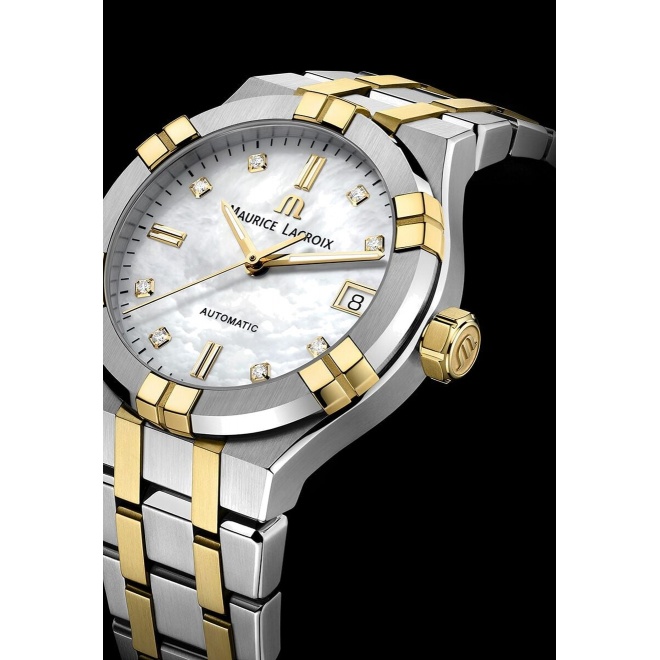 Maurice Lacroix Aikon Automatic Date ∅35 mm - 20 ATM, Esfera nácar, brazalete de acero, bicolor, brillantes, oro