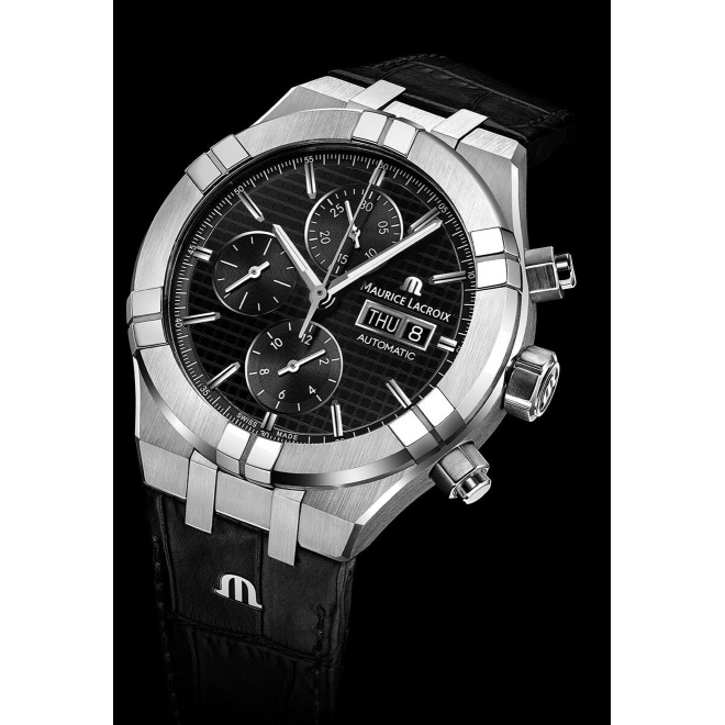 Maurice Lacroix Aikon Automatic Chronograph ∅44 mm - 20 ATM, Esfera negra, brazalete de piel negra