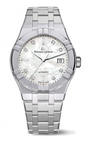 Maurice Lacroix Aikon Automatic Date ∅39 mm - 20 ATM, Esfera nácar blanco 8 diamantes, brazalete de acero