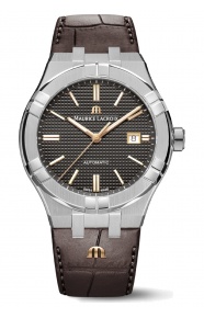 Maurice Lacroix Aikon Automatic Date ∅42 mm - 20 ATM, Esfera gris indices oro rosa, brazalete de piel marrón