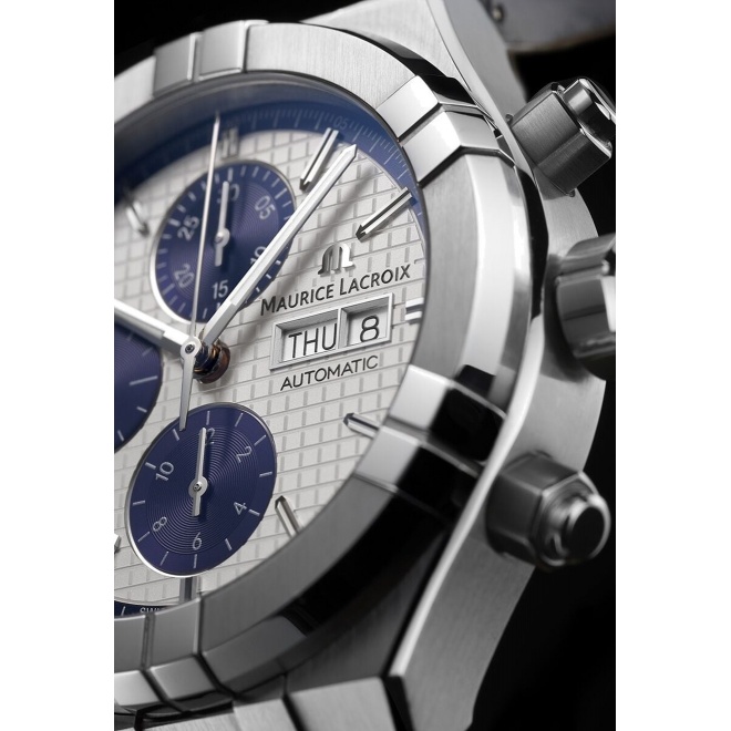 Maurice Lacroix Aikon Automatic Chronograph ∅44 mm - 20 ATM, Esfera gris/azul, brazalete de piel azul