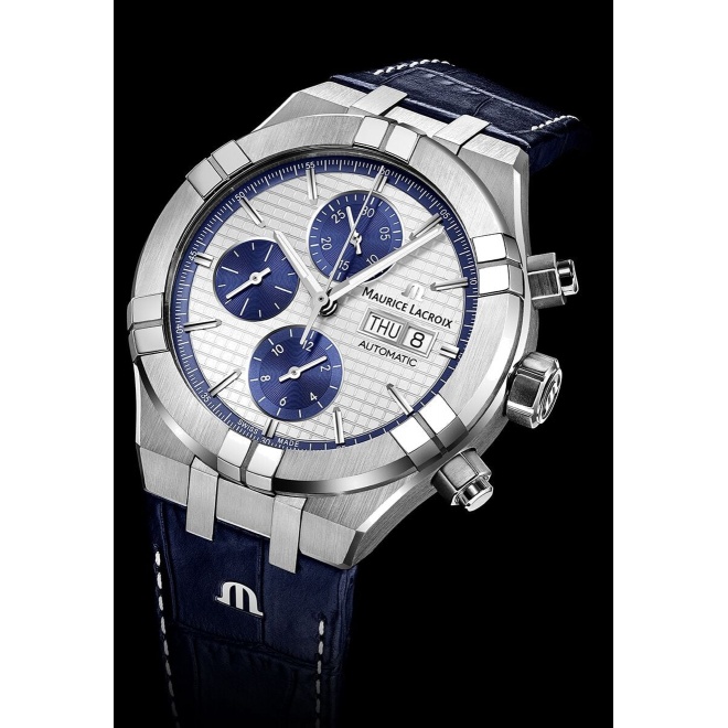 Maurice Lacroix Aikon Automatic Chronograph ∅44 mm - 20 ATM, Esfera gris/azul, brazalete de piel azul
