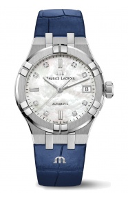 Maurice Lacroix Aikon Automatic Date ∅35 mm - 20 ATM, Esfera nácar blanco 8 diamantes, brazalete de piel azul
