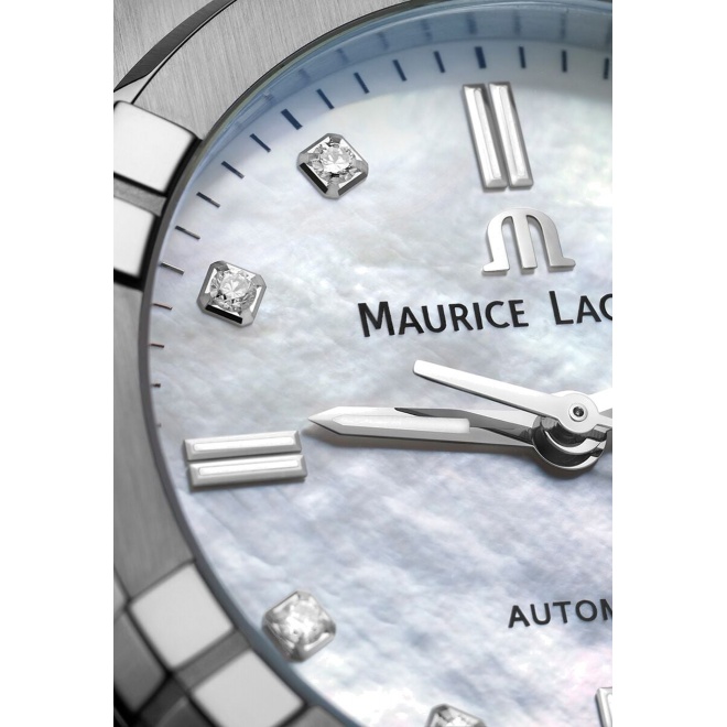 Maurice Lacroix Aikon Automatic Date ∅35 mm - 20 ATM, Esfera nácar blanco 8 diamantes, brazalete de acero