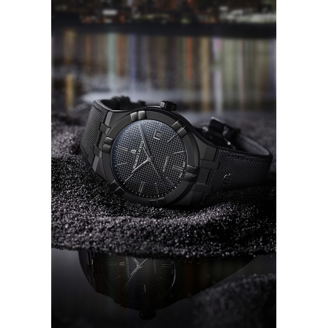 Maurice Lacroix Aikon Automatic Date ∅42 mm - 20 ATM, Esfera negra PVD negro, brazalete de piel negra