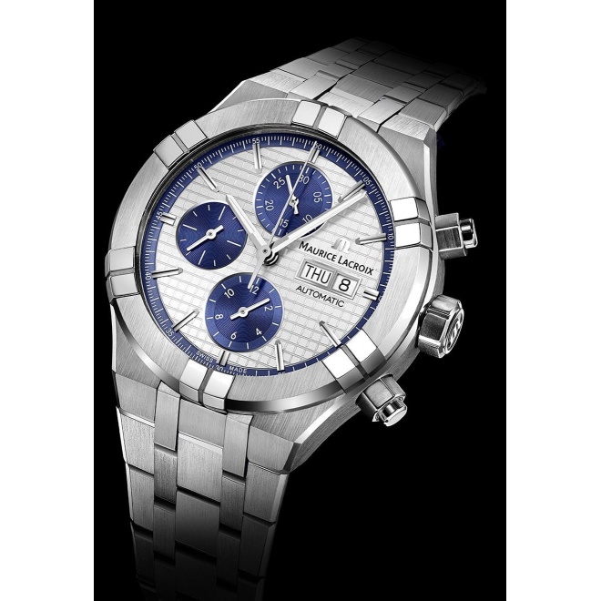 Maurice Lacroix Aikon Automatic Chronograph ∅44 mm - 20 ATM, Esfera gris, brazalete de acero, azul