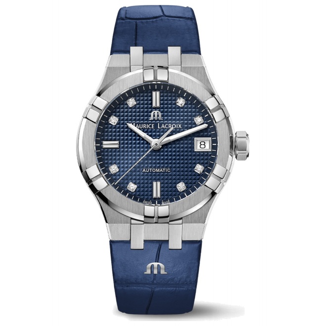 Maurice Lacroix Aikon Automatic Date ∅35 mm - 20 ATM, Esfera azul 8 diamantes, brazalete de piel azul