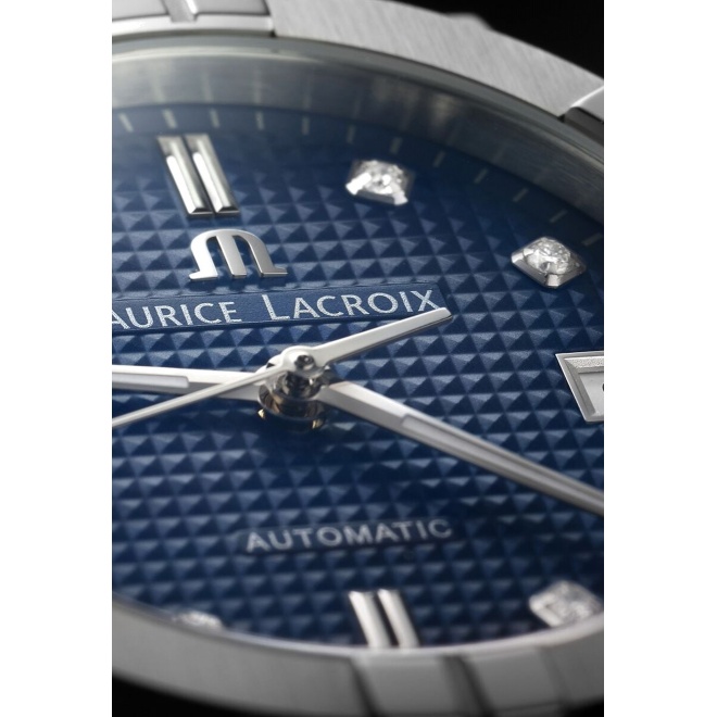 Maurice Lacroix Aikon Automatic Date ∅35 mm - 20 ATM, Esfera azul 8 diamantes, brazalete de piel azul