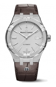 Maurice Lacroix Aikon Automatic Date ∅42 mm - 20 ATM, Esfera plateada, brazalete de piel marrón