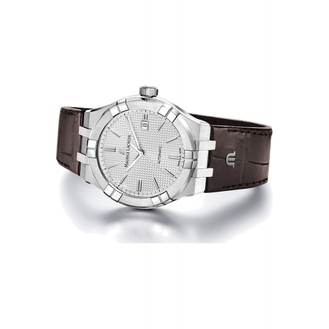 Maurice Lacroix Aikon Automatic Date ∅42 mm - 20 ATM, Esfera plateada, brazalete de piel marrón
