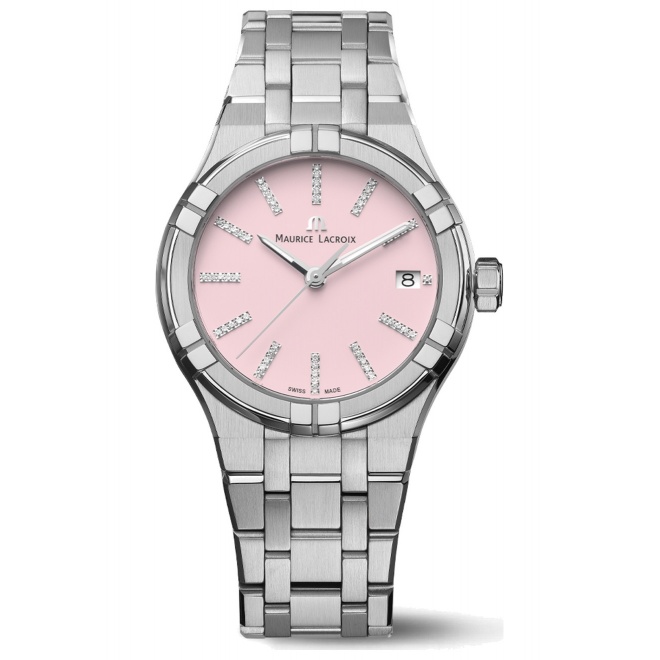 Maurice Lacroix Aikon Quartz Colours Edition ∅35 mm - 10 ATM, Esfera rosa, brazalete de acero, diamantes