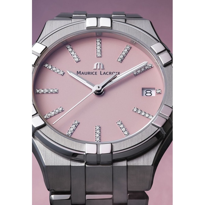Maurice Lacroix Aikon Quartz Colours Edition ∅35 mm - 10 ATM, Esfera rosa, brazalete de acero, diamantes