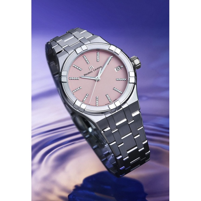Maurice Lacroix Aikon Quartz Colours Edition ∅35 mm - 10 ATM, Esfera rosa, brazalete de acero, diamantes