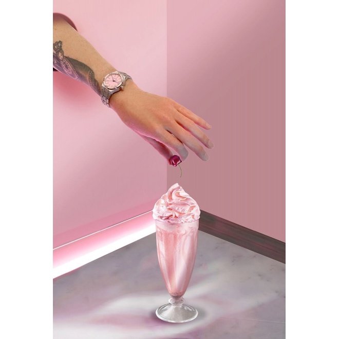 Maurice Lacroix Aikon Quartz Colours Edition ∅35 mm - 10 ATM, Esfera rosa, brazalete de acero, diamantes