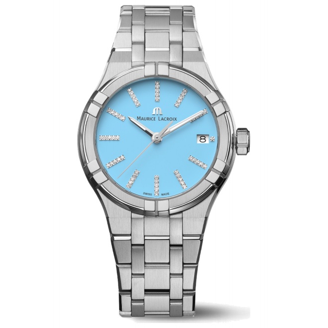 Maurice Lacroix Aikon Quartz Colours Edition ∅35 mm - 10 ATM, Esfera azul, brazalete de acero, diamantes