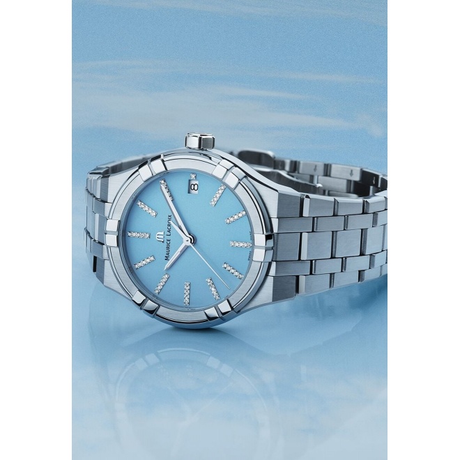 Maurice Lacroix Aikon Quartz Colours Edition ∅35 mm - 10 ATM, Esfera azul, brazalete de acero, diamantes