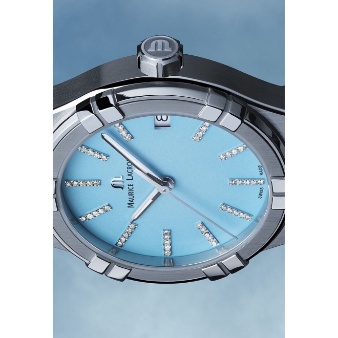 Maurice Lacroix Aikon Quartz Colours Edition ∅35 mm - 10 ATM, Esfera azul, brazalete de acero, diamantes