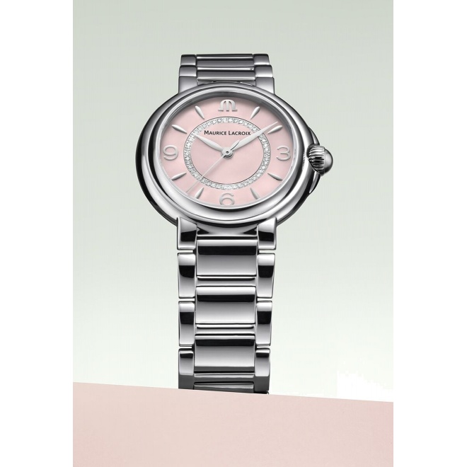Maurice Lacroix Fiaba Colours Edition ∅32 mm - 5 ATM, Esfera rosa, brazalete de acero, diamantes