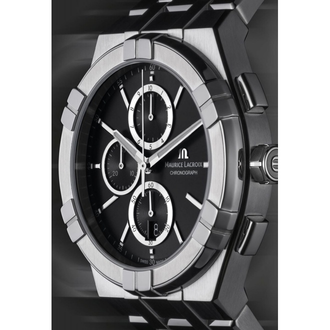 Maurice Lacroix Aikon Quartz Chronograph ∅42 mm - 10 ATM, Esfera negra, brazalete de acero