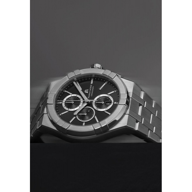 Maurice Lacroix Aikon Quartz Chronograph ∅42 mm - 10 ATM, Esfera negra, brazalete de acero