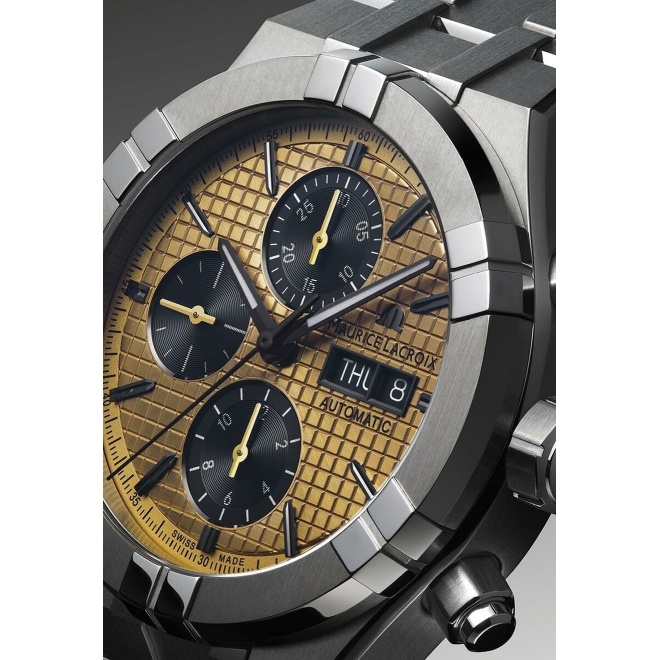Maurice Lacroix Aikon Automatic Titanium Chronograph ∅44 mm - 20 ATM, Esfera dorada, brazalete de acero