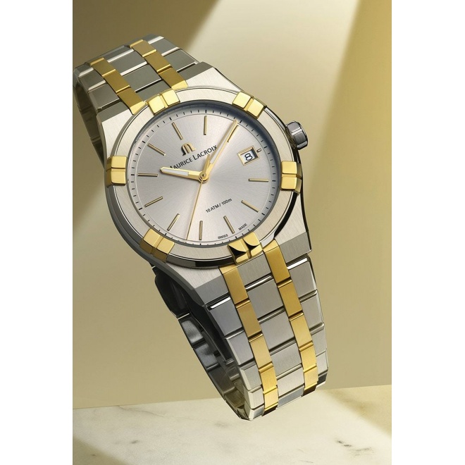 Maurice Lacroix Aikon Quartz ∅40 mm - 10 ATM, Esfera plateada, brazalete de acero, duotone - 10 ATM, bicolor PVD oro amarillo