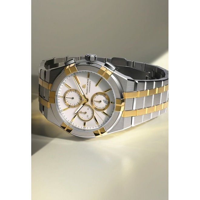 Maurice Lacroix Aikon Quartz Chronograph ∅42 mm - 10 ATM, Esfera blanca, brazalete de bicolor PVD oro amarilo, duotone - 10 ATM