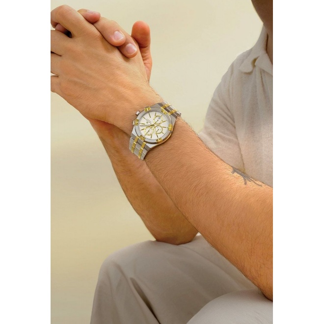 Maurice Lacroix Aikon Quartz Chronograph ∅42 mm - 10 ATM, Esfera blanca, brazalete de bicolor PVD oro amarilo, duotone - 10 ATM