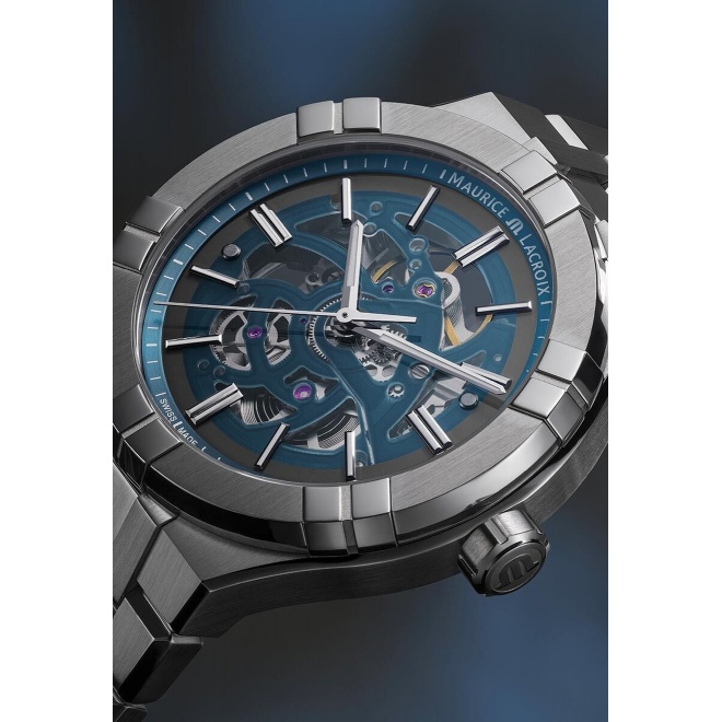 Maurice Lacroix Aikon Automatic Skeleton ∅42 mm - 20 ATM, Esfera azul, brazalete de acero